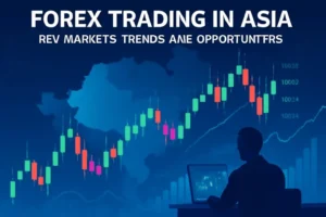 Forex trading charts on laptop and phone, analyzing Asian financial markets.
