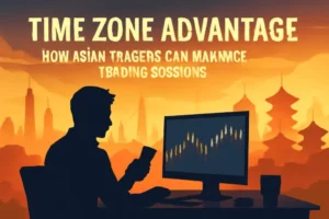 Silhouette trader monitors forex chart at sunset with Asian cityscape background.
