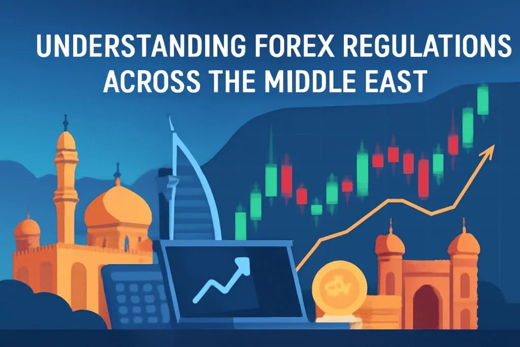 Understanding Forex regulations across the Middle East with market charts and landmarks.