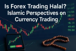Forex trading halal? Islamic perspectives on currency trading with charts and prayer beads.