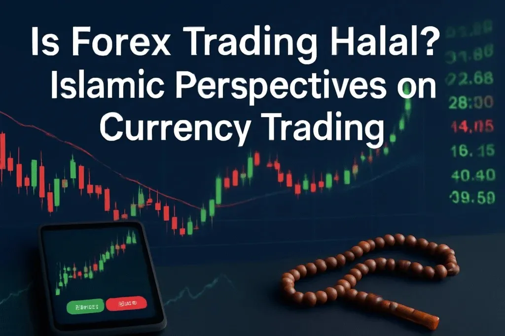 Forex trading halal? Islamic perspectives on currency trading with charts and prayer beads.