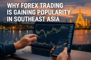 Forex trading popularity in Southeast Asia, with charts on laptop and phone.